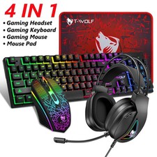 4 IN 1 PC Gaming Keyboard Mouse Gaming Headset Set RGB LED Backlit w/ Mouse Pad picture