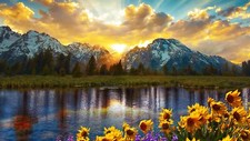 Landscape nature flowers clouds sky mountains sun rays Custom Gaming Mat Desk picture