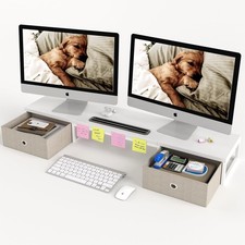 39 Inch Dual Monitor Stand Riser W/ 2 Drawers Large White Wooden Computer Stand picture