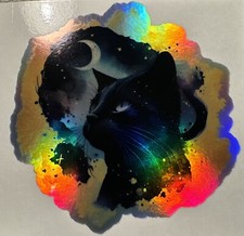 Black Cat Midnight Unique Hologram Sticker Cute Decal 3”x3” picture