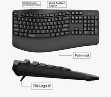RECCAZR EK30 Ergonomic Wired USB Keyboard Quiet Membrane Wave Black Open Box picture