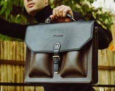 Vegan Leather Laptop Bag Black Brown fits 14.5 inch laptop large with pockets  picture