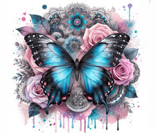 BLUE BUTTERFLY PINK ROSES MANDALA WATERCOLOR COMPUTER MOUSE PAD  9.25 x 7.75 picture
