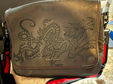 Roberto Grobman Leather Messenger Shoulder Bag 16in Laptop Black/Red Dragon picture