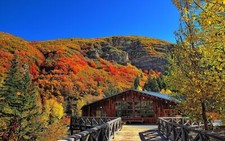 Landscape fall mountains wood house red leaves nature Custom Gaming Mat Desk picture