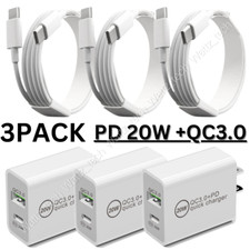 3PACK For Android Samsung iPhone 15 USB C Cable PD 20W Fast Charge Adapter Block picture