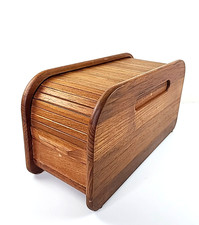 Vintage MCM Teak Wood Tambour Roll Top Desk Organizer Storage Box picture