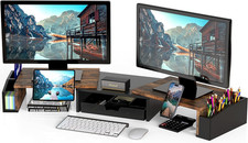 Dual Monitor Stand with Drawer Rustic Brown, Adjustable Organizer Tray, Phone picture
