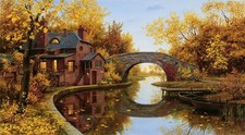 Landscape reflection bridge arch river house trees boat Custom Gaming Mat Desk picture