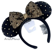 Disney Parks Black Jeweled Studded Gold Minnie Mouse Plush Ear Headband picture