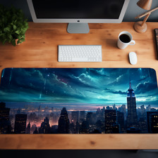 Fantasy World Deskmat Meteor Shower Design, Aesthetic Skyscrapers Mousepad. picture