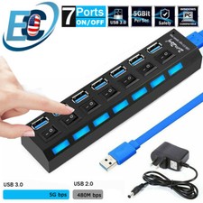USB 3.0 Hub 7 Port On/Off Switch High Speed Splitter AC Adapter Cable PC Laptop picture