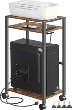 3 Tier Mobile PC Tower Stand With Charging Station Adjustable Shelf Rustic Brown picture