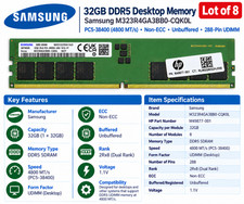 Lot of 8: HP / Samsung 32GB 2Rx8 PC5-4800B DDR5 UDIMM - M323R4GA3BB0-CQK0L picture
