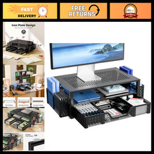 Adjustable 2-Tier Monitor Stand with Drawer, Laptop Riser, Black Desk Organizer picture
