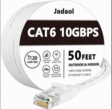 Jadaol Cat6 50ft Flat Ethernet Cable White Gold Plated RJ45 M/M Indoor/Outdoor picture