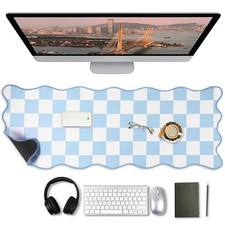 1 PCS Blue Scalloped Checkered Desk Mat 31.5 x 11.8 Inch Non Slip Rubber picture