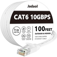 Cat 6 Flat Network Ethernet Cable, 10Gbps 250MHz, Includes 35 Cable Clips picture