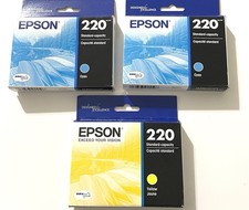 Epson Genuine Ink Cartridge 220 CYAN x2 & YELLOW x1 - Exp 9/25, 10/26 Set of 3 picture