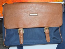 Tommy Hilfiger Canvas & Brown Leather Flap Messenger Bag Laptop Satchel 16x10 picture