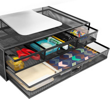 MOUNT-IT Computer Monitor Stand with Drawers, Metal Mesh Riser and Organizer fo picture