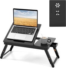 Tangkula 100% Bamboo Laptop Desk with Tilting Top & Drawer, Height Black  picture