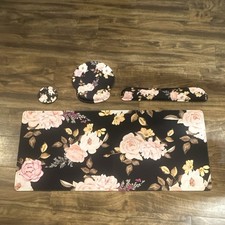 Floral Patterned Black Mouse Pad Set with Wrist Rest, Pink/White/Yellow/Green picture