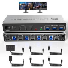 4K60Hz HDMI KVM Switch Dual Monitor 4PC USB 3.0 EDID Audio Mic 3-Port HUB Remote picture