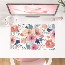 Large Pink Floral Mouse Pad PU Leather Waterproof Desk Mat 23.6x13.8 Inch picture
