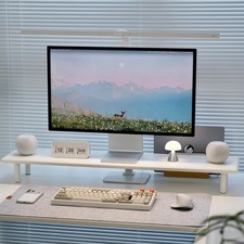 Bamboo Dual Monitor Stand Riser w/ Under-Desk Storage Shelf White picture
