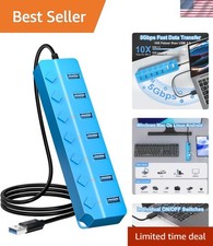Versatile USB Hub 3.0 Splitter with 7 Ports & Lights, Fast Data Transfer - Blue picture
