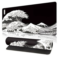 Large Gaming Mouse Pad Featuring an Abstract Black and White Japanese Wave Des picture