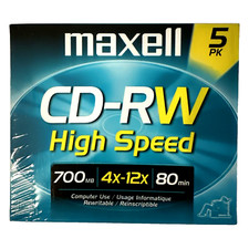 Maxell CD-RW High Speed (5 PACK) 700 MB 4x-12x 80 min. With 5 Jewel Cases SEALED picture