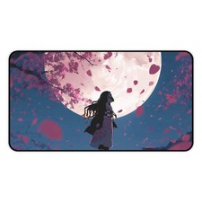 Silhouette Warrior Moon Sakura Desk Mat | Cherry Blossom Night Mousepad picture