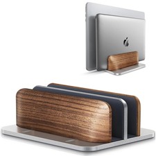 Adjustable Vertical Laptop Stand, Dual Slot Wooden & Aluminum Holder, Fits Up to picture