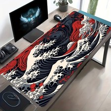 A Large Gaming Mouse Pad Featuring a Red And Black Japanese Wave Spiral Floral picture