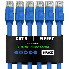 Cat6 UTP Network Cable, Pure Copper 23AWG, PVC Jacket, 10 Gbps (5 feet - 6 Pack) picture