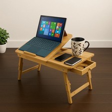 Bamboo Folding Lap Desk 21x13 Adjustable Laptop Bed Tray Table Stand with Drawer picture