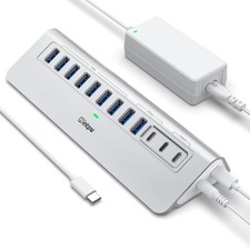 intpw Powered USB Hub 10Gbps, 12-Port 3.2/USB C Hub, 65W 12 Port, Silver picture