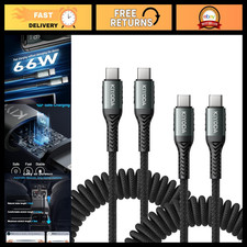 Coiled 3FT USB C to USB C Cable 2-Pack, Braided Type C Charger for Car - Black picture