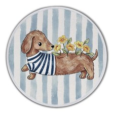 Whimsical Funny Dachshund Dog Floral Blue Striped Round Mouse Pad 8.6x8.6in picture