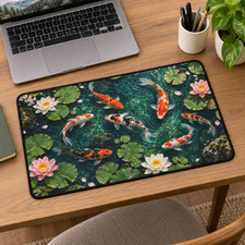 Koi Fish Desk Mat, Japanese Pond Mouse Pad, Lotus Floral Office Decor picture