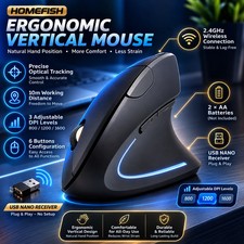 Ergonomic Vertical Wireless Mouse 2.4GHz 6 Button 800-1600 DPI Black PC picture