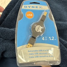 Dynex Retractable USB-A to USB-B Cable 4 ft Black (Type A Male to Type B) picture
