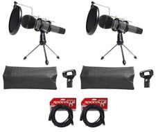 2 Audio Technica Dynamic Podcasting Podcast Microphones+Stands+Pop Filter+Cables picture