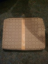 Used Coach Brown Tan Fabric Monogram w/ Leather Stripe Laptop Sleeve ~ 14
