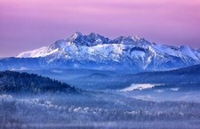 Landscape nature mountains winter pink sky forest mist Custom Gaming Mat Desk picture