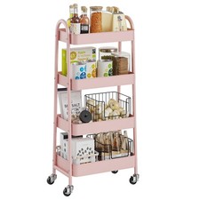 Rolling Storage Cart 4 Tier Metal Lockable Wheels Utility OLIXIS Pink Tiers picture