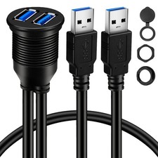 BATIGE 2 Ports Dual USB 3.0 Male to Female AUX Flush 1pcs 1ft, Black picture