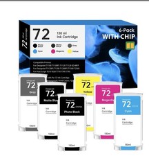 6 Pack High Yield XL 72 DesignJet Hp Compat Ink T610 T620 T770 T790 No Cyan picture